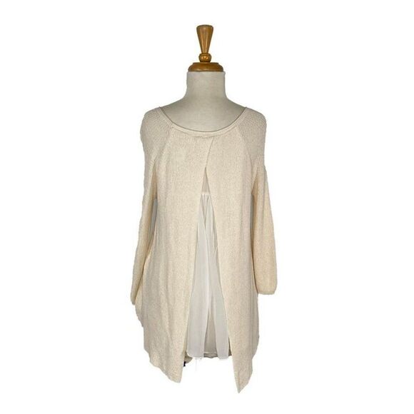 Anthropologie Moth S Cream Knit Top Sweater Split Back Sheer Chiffon Boho Bohemi - Picture 5 of 6